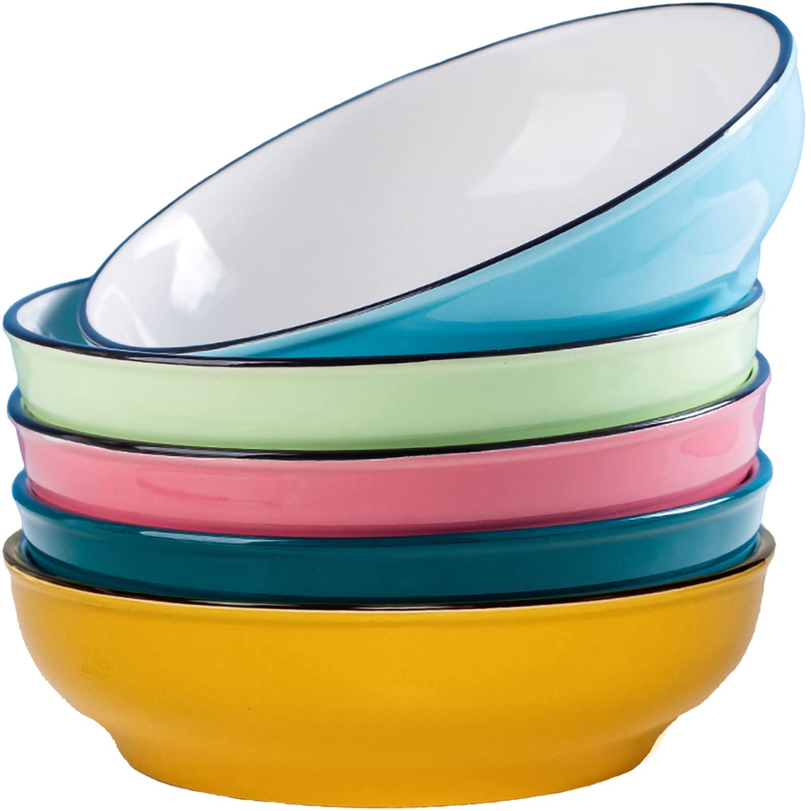 JDZTC Pasta Bowls, 30 Ounce Ceramic Salad Bowls Wide Shallow Bowls Deep Plates for Serving Dinner, Salad, Fruit, Bread, Dishwasher and Microwave Safe, Large Serving Bowl Set of 5
