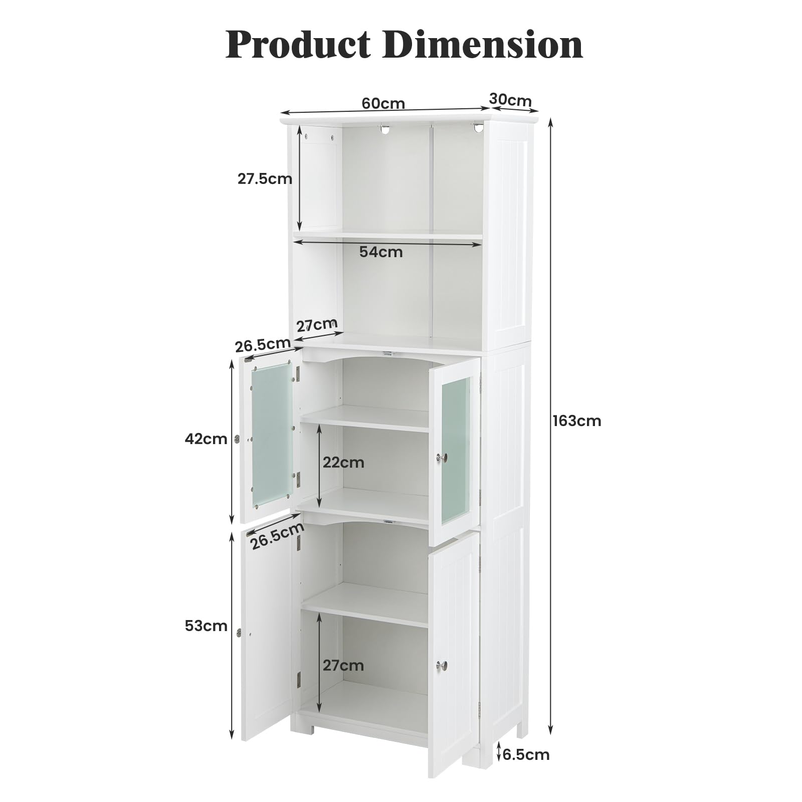 LIFEZEAL Armario Alto, Armario Independiente de Suelo con 4 Puertas, Gabinete con Estantes Ajustables, Mueble Organizador con 2 Puertas de Vidrio Templado para Baño, Cocina, Salón (Blanco)