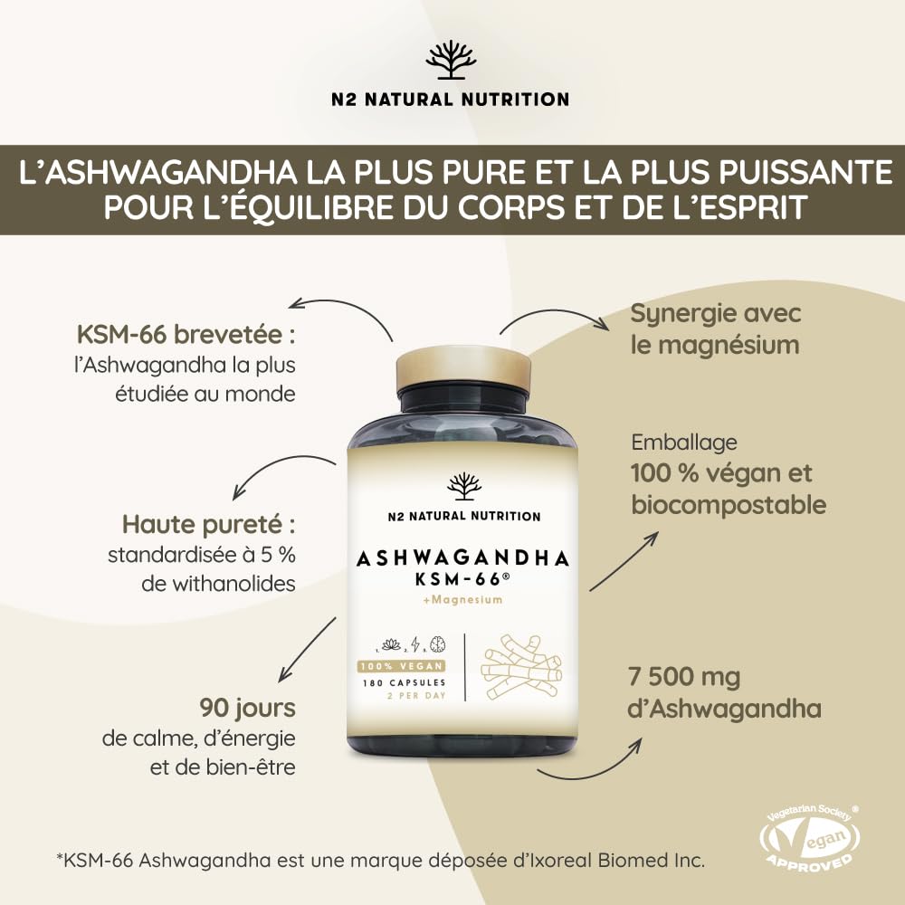 Ashwagandha KSM-66 + Magnésium. 7500 mg Extrait, 180 Gélules. Withanolides, Alcaloïdes, Flavonoïdes, Adaptogène Complet pour Sommeil, Humeur, Vitalité. N2 Natural Nutrition