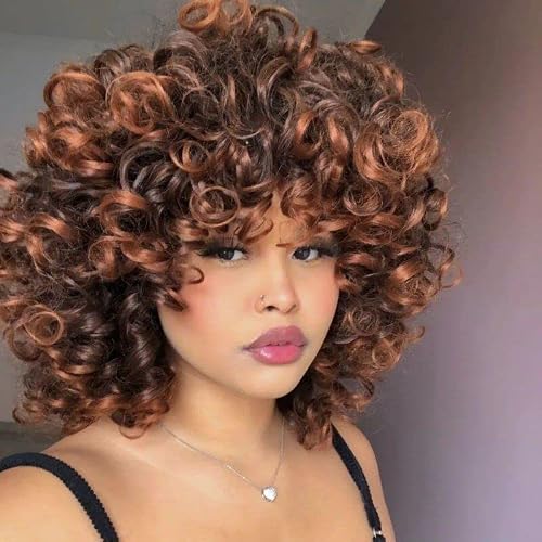 MURAMURA Short Curly Wigs for Black Women Afro Kinky Curly Wig with Bangs Loose Cute Curly Fluffy Wavy Black To Brown Synthetic Hair