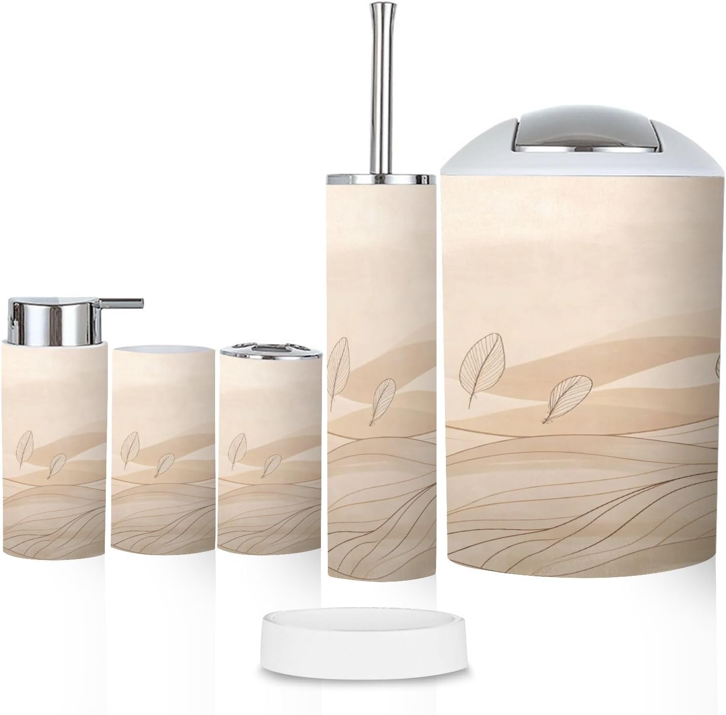Bathroom Accessory Set 6 Pcs Neutral Color Abstract Art