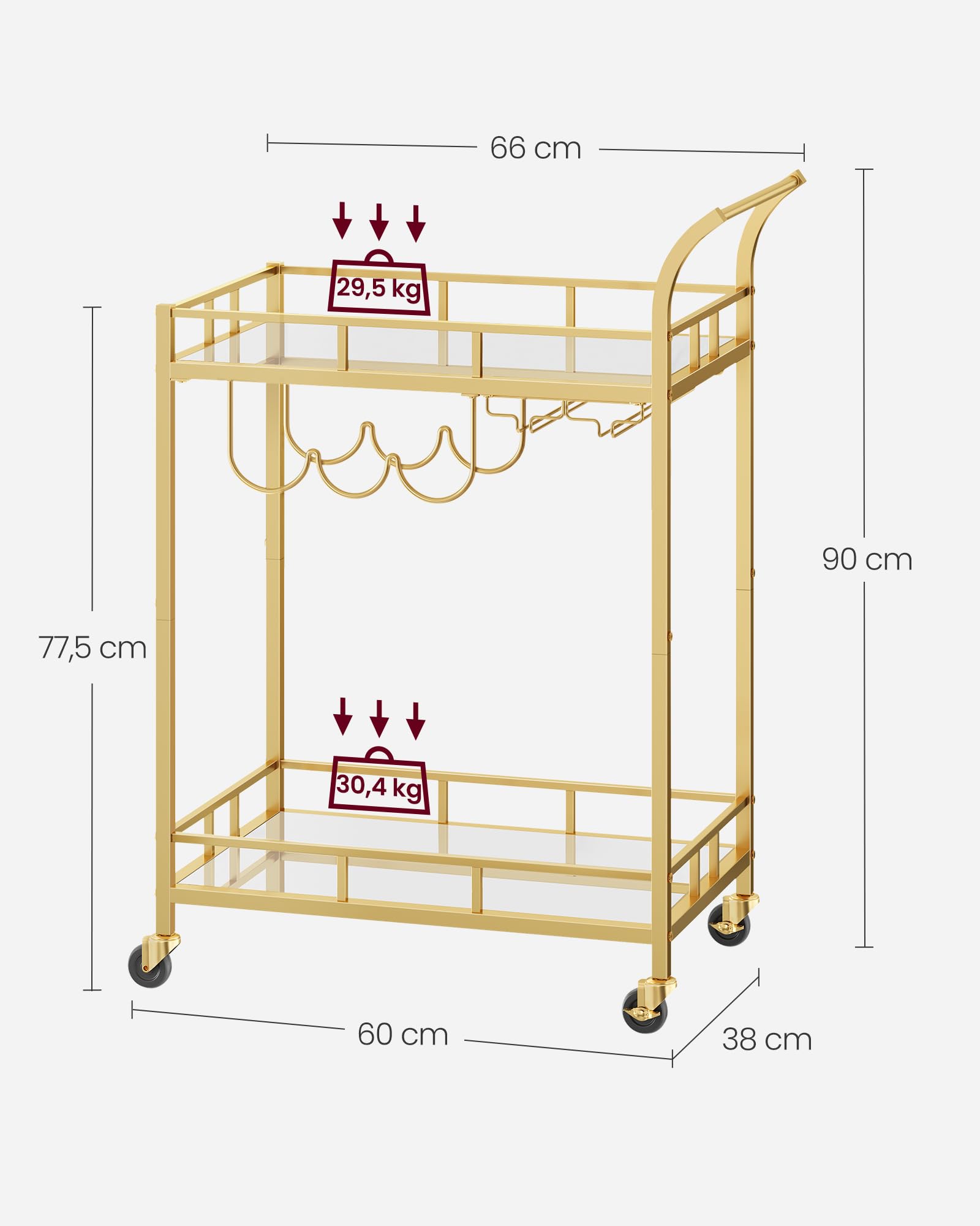 VASAGLE Desserte pour Boissons, Chariot à roulettes, Meuble de Cuisine, 2 Niveaux en Verre Réfléchissant, avec Porte-Bouteilles, Porte-Verres, pour Bar, Cuisine, Salle à Manger, Doré LRC092A62