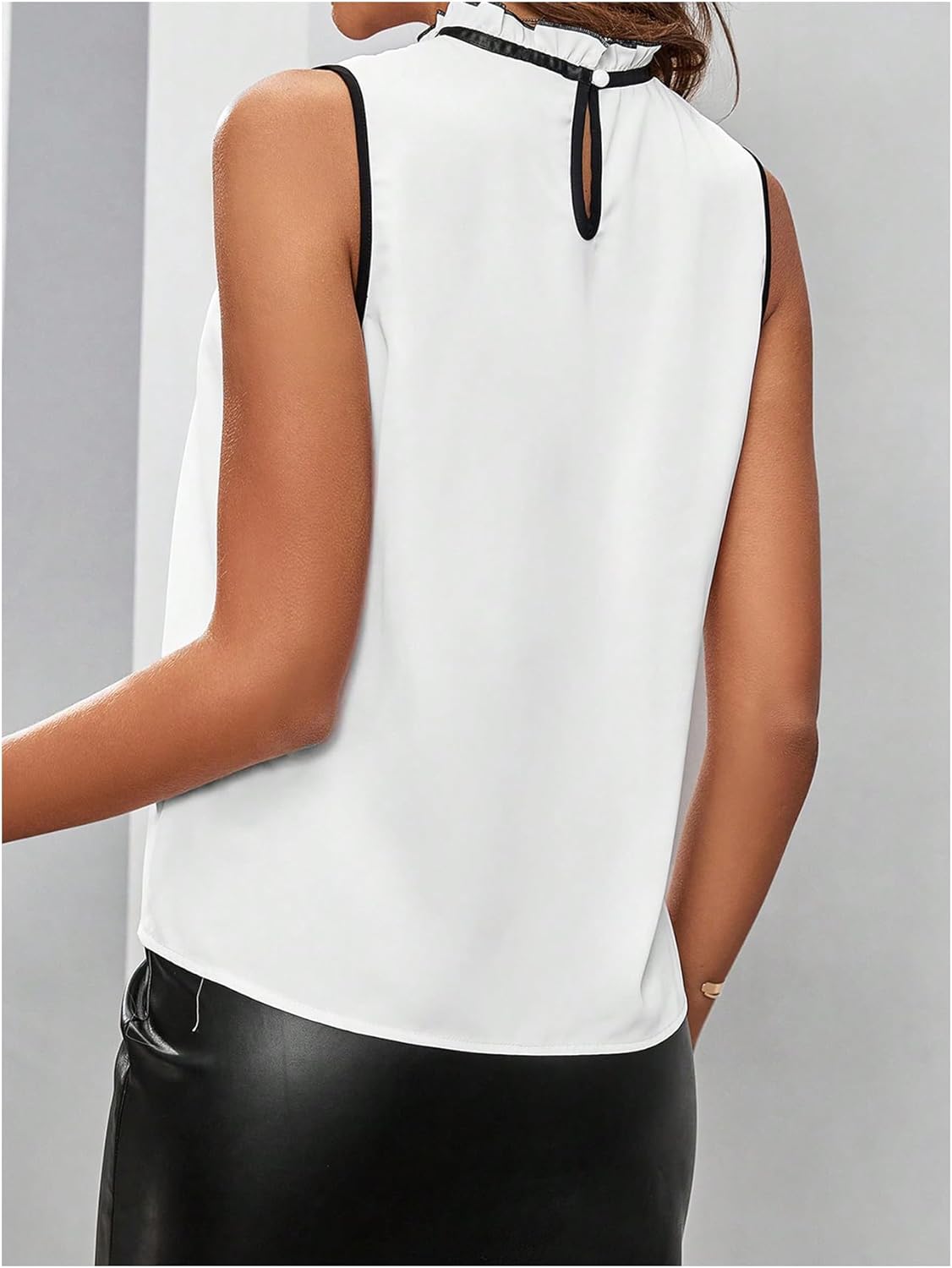 Women's High Neck Tank Top Sleeveless Lace Patchwork Tie Neck Loose Fit Work Blouse - Image 2