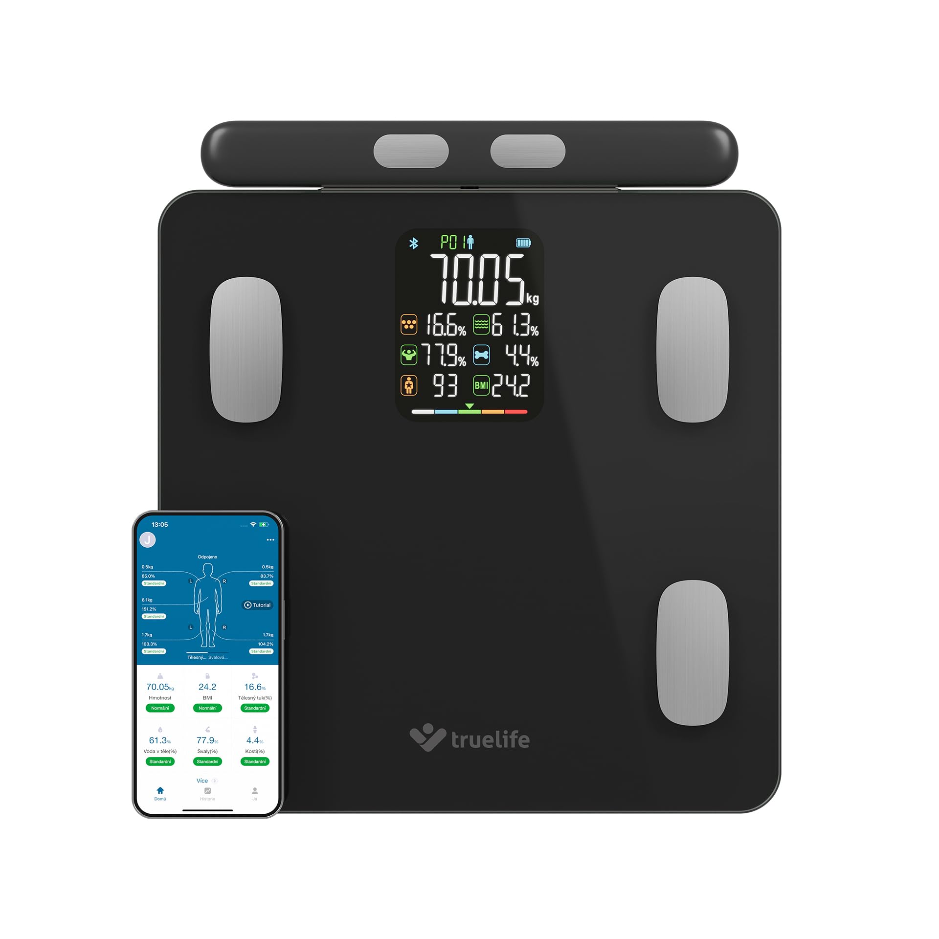 TrueLife FitScale W8 Black, Bilancia diagnostica personale Bluetooth, misurazione tramite analisi dell'impedenza bioelettrica, 15 indici del corpo misurabili, display LCD a colori, fino a 16 utenti