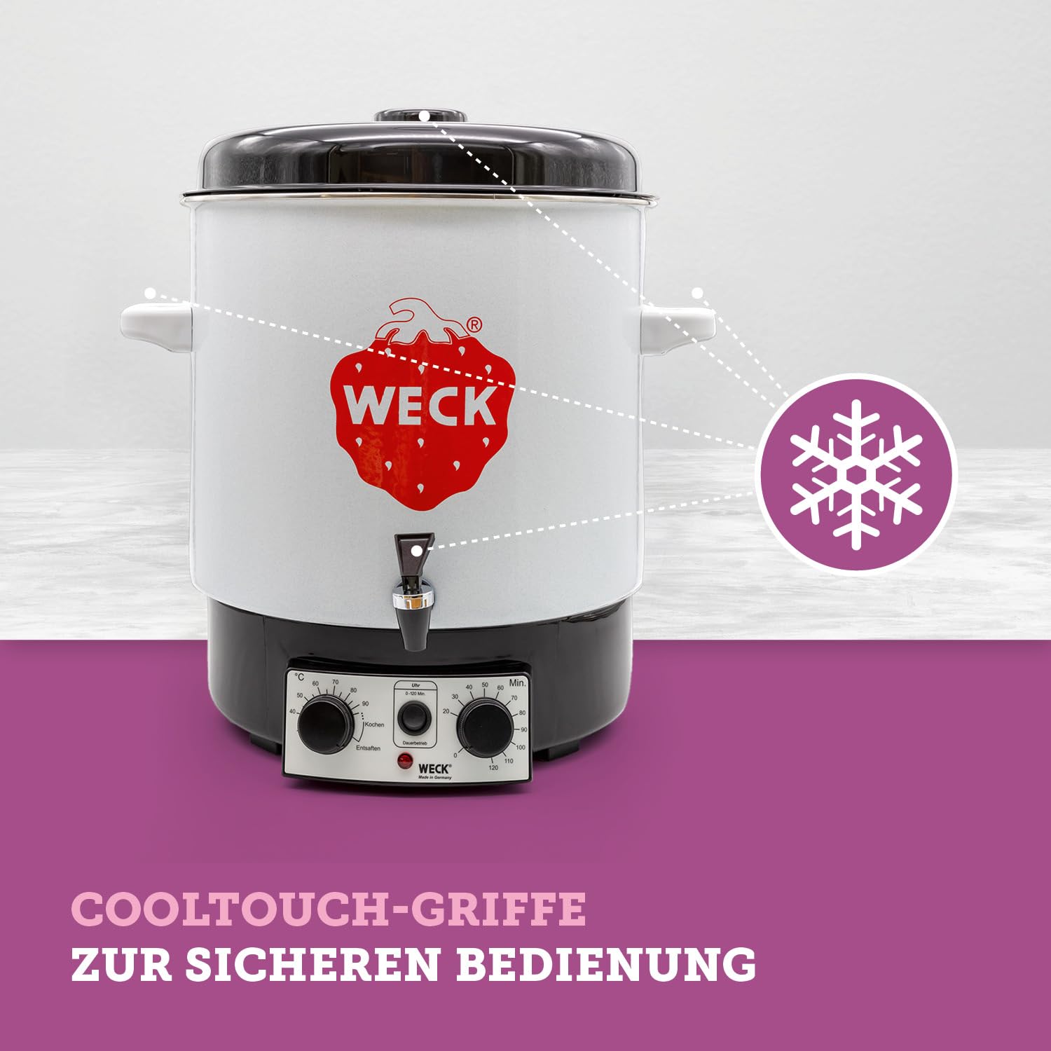 WECK Einkochautomat WAT15-A Emaille mit Präzisionsthermostat, Auslaufhahn & Zeitschaltuhr – 29L Einkochtopf, Glühweinkocher, Dampfentsafter, Einweckautomat – Made in Germany