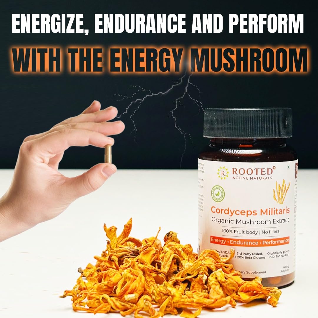 Rooted Active Naturals Organic Cordyceps Militaris Mushroom Extract Capsules, 500mg, 60 Count, Energy, Endurance, Performance (Pack of 2) - Image 5 thumbnail