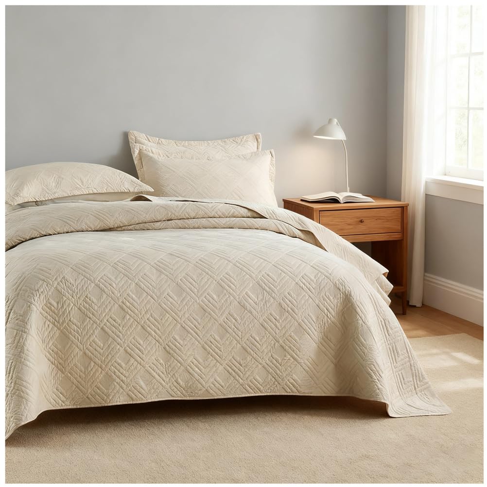 Genérico Colcha para Cama de, Colcha de Microfibra, con 2 Fundas de Almohada, Suave y Ligera, para Todas Las Estaciones,Beige,250x270+50x70