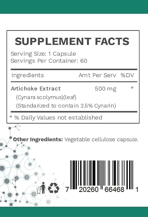 Artichoke Extract Capsules | 7 mg Cynarin Herbal Artichoke Leaf | Liver Support Supplement for Bile Flow, Digestion & Estrogen Metabolism | Vegan, Gluten Free Formula | 60 Capsules