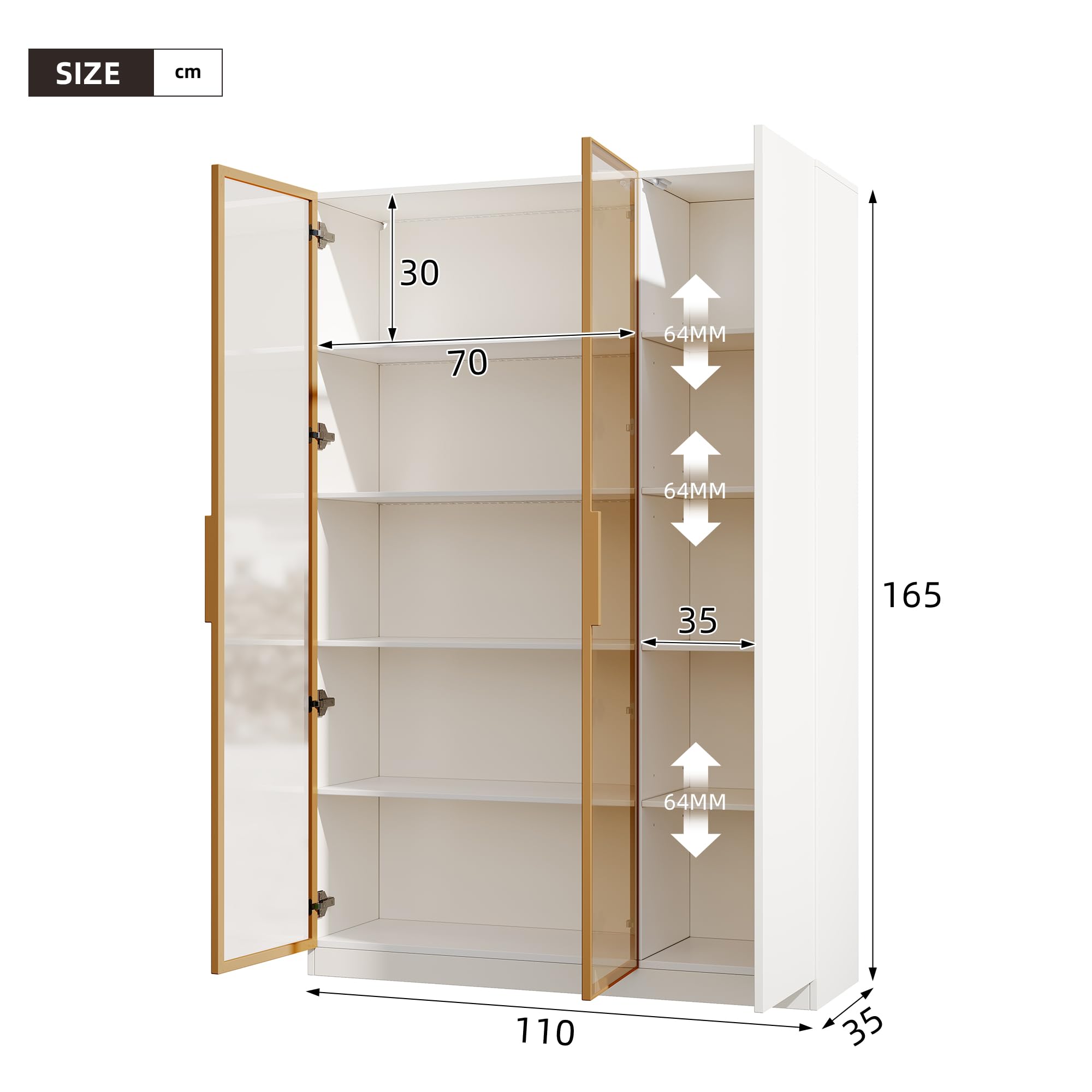 Vitrina de cristal de 165 cm, armario alto, 3 puertas con iluminación LED, multicolor, ajustable, con cristal de seguridad, estantes ajustables y protección antivuelco