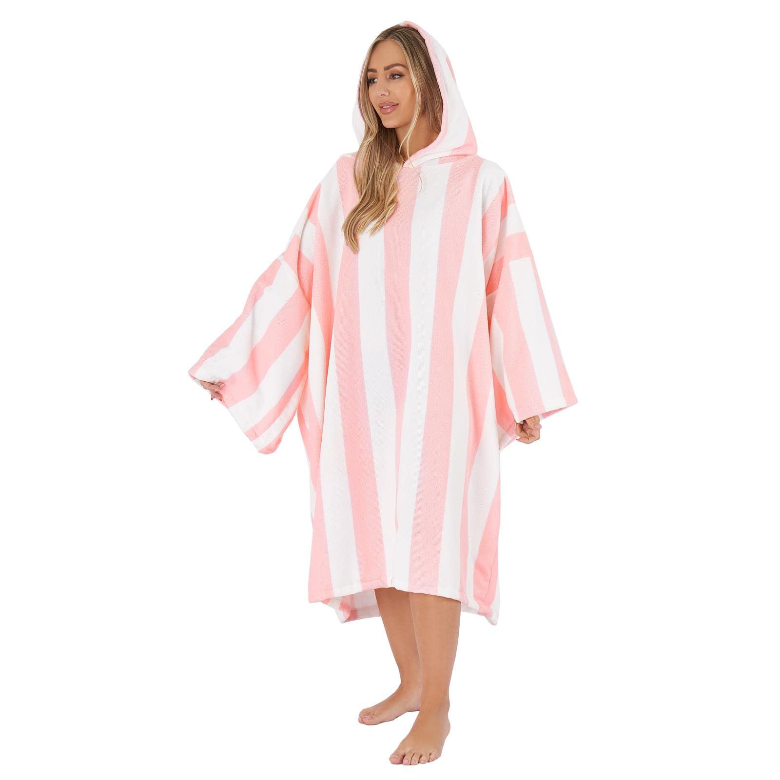 Dreamscene Women's Blush Pink Changing Robe, Soft Absorbent Beach Towel Poncho For Bath Swim Surf Large Microfibre Hooded Towel For Adults Quick Dry Lightweight Swim Towels - Stripe