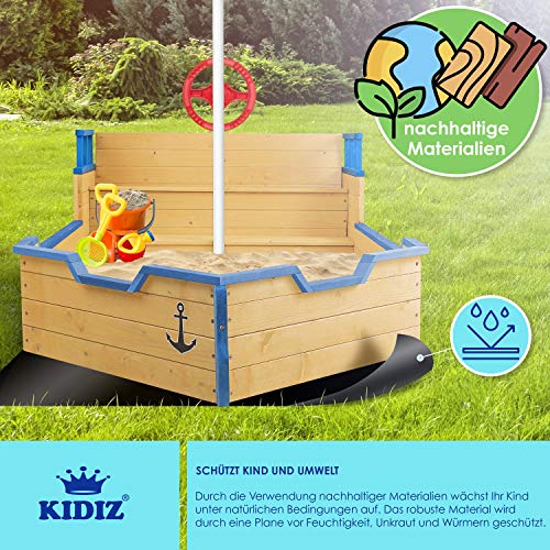 KIDIZ® Sandkasten AHOI - Piratenschiff Boot Segelschiff aus Holz Inkl. Abdeckung, Bodenplane, Sitzbank, Flaggenmast, Spielzeuge | Große Kinder Sandkiste für den Garten | Outdoor Sandbox Blau – Bild 5