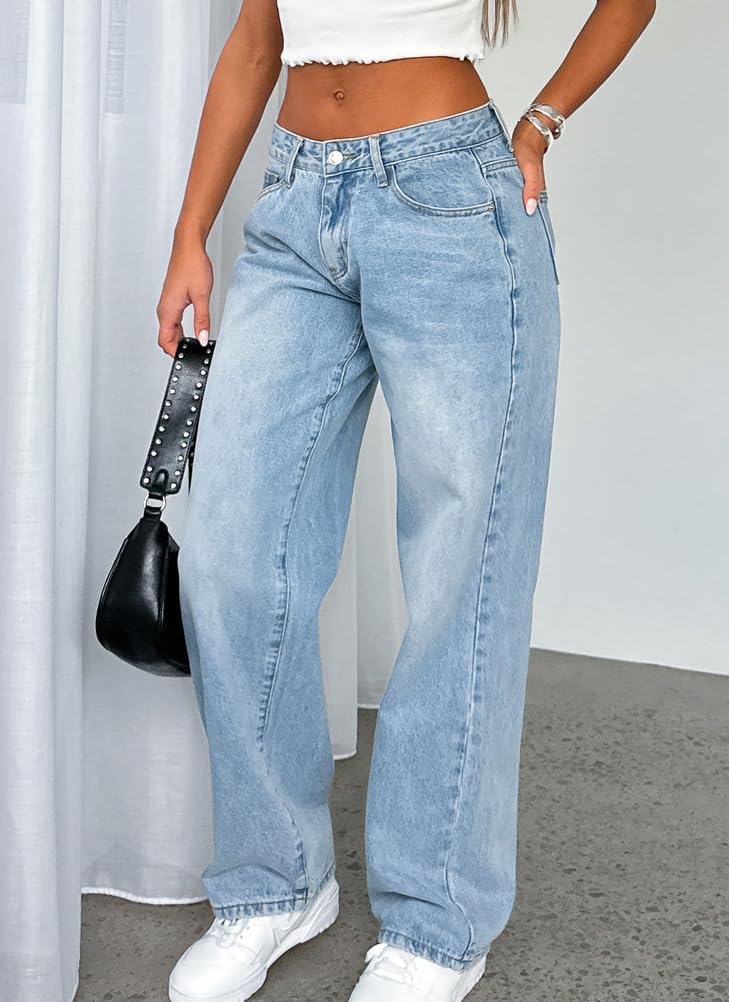 Women's Baggy Mid Low Waist Jeans Wide Straight Leg Loose Boyfriends Denim Jeans - Image 6