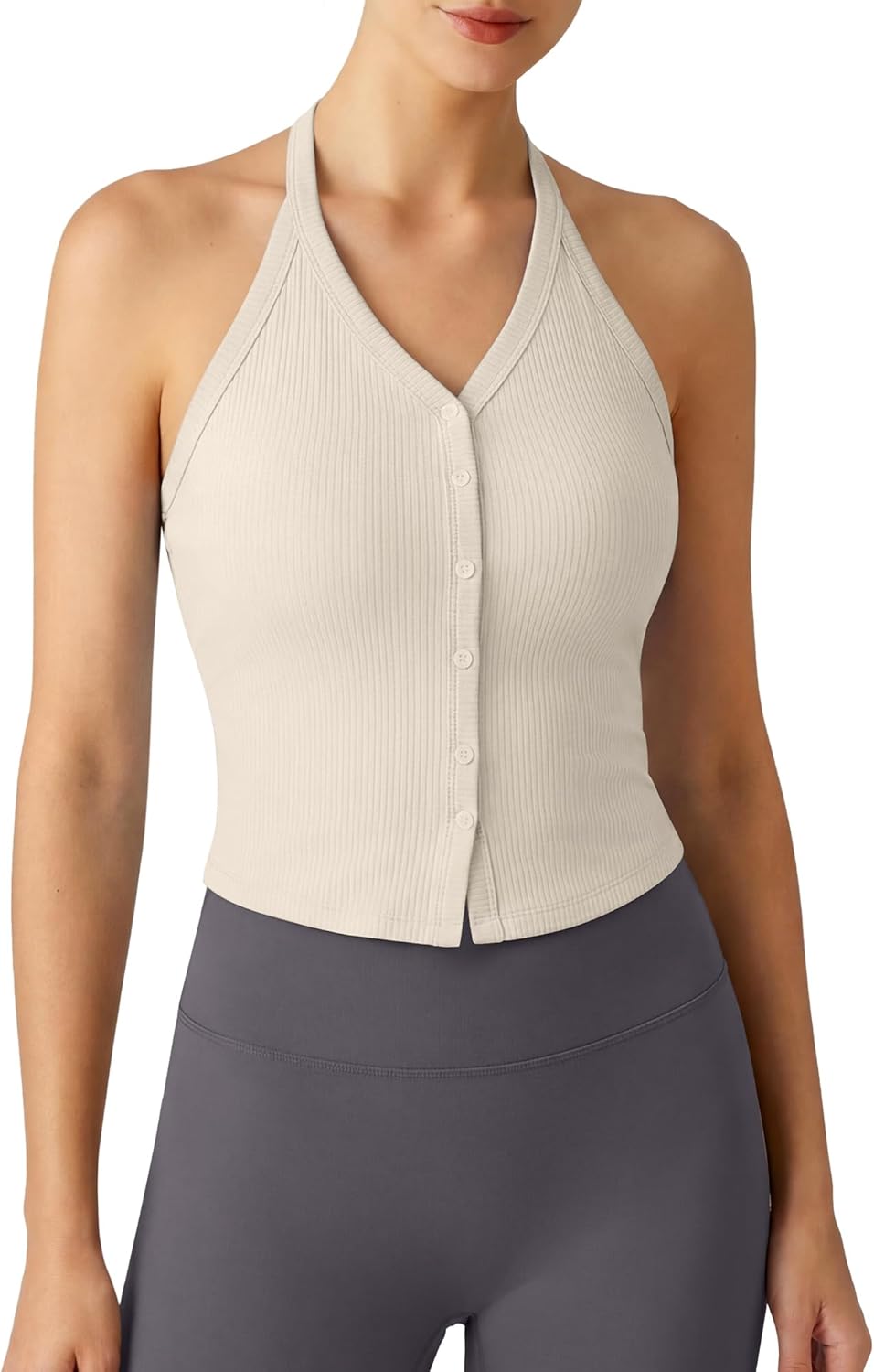 G4Free Ribbed Halter Crop Tank Tops Going Out Camisoles Backless Button Slim Fit Cropped Cami Top