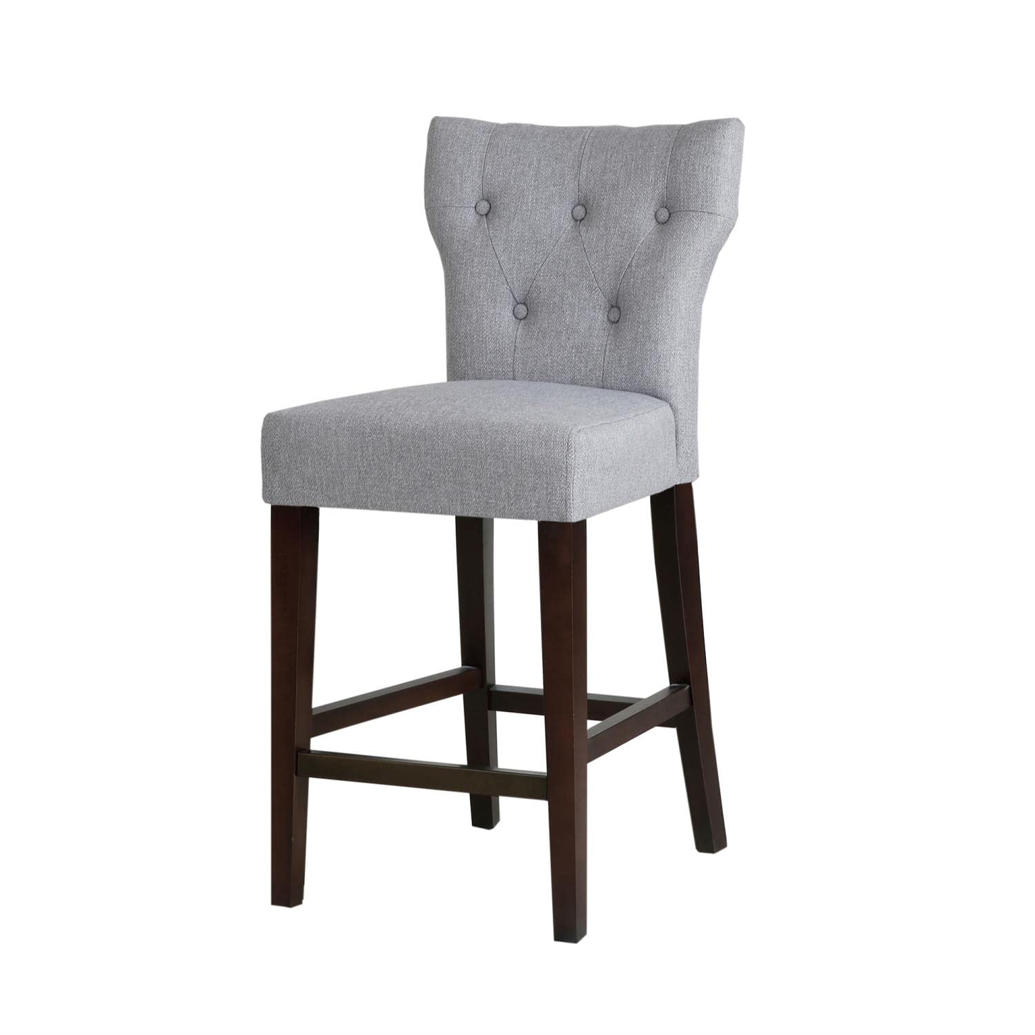 Madison Park Avila Bar Stools - Hardwood, Linen Kitchen Stool - Light Grey, Modern Classic Style Bar Height Stools - 1 Piece Button Tufted Bar Furniture For Home