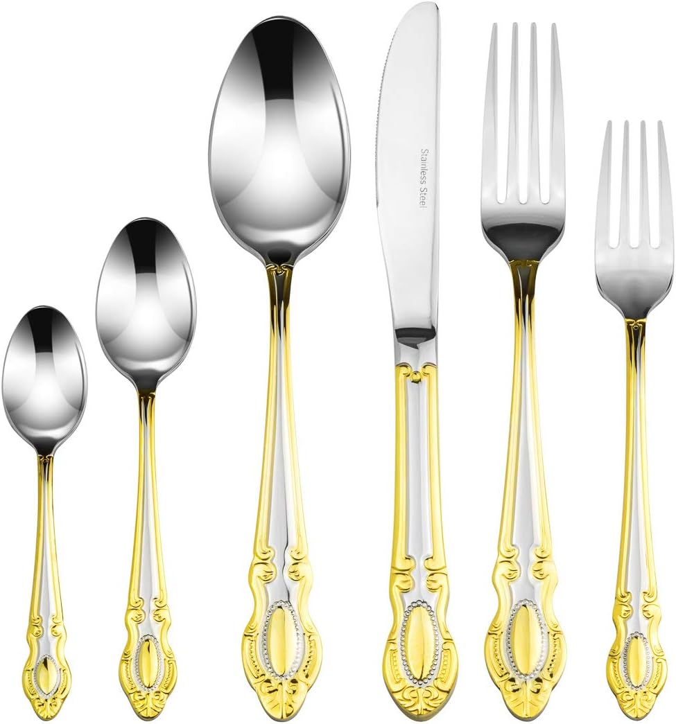 Venezia Collection 75-Piece Fine Flatware Set, Silverware Cutlery Dining Service for 12, Premium 18/10 Surgical Stainless Steel, 24K Gold-Plated (gold sets only) Hostess Serving Set
