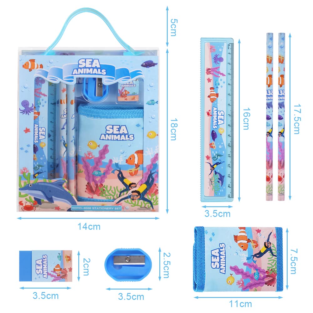 Vicloon Underwater Animals Stationery Set, Stationery Gift Set, Include 2pcs Pencil Case, Rulers, Eraser - Image 2