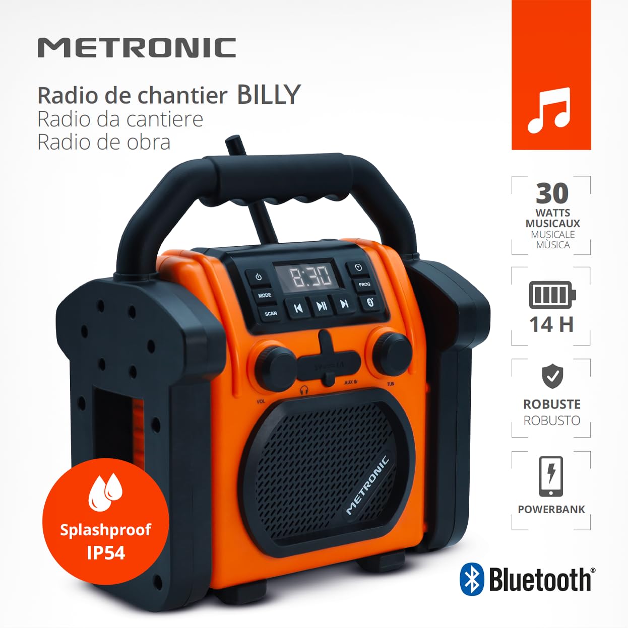 METRONIC 477227 Radio de Chantier FM Bluetooth avec Batterie Rechargeable de Secours - Robuste Résistante aux Chocs, à la poussières, aux éclaboussures - Orange