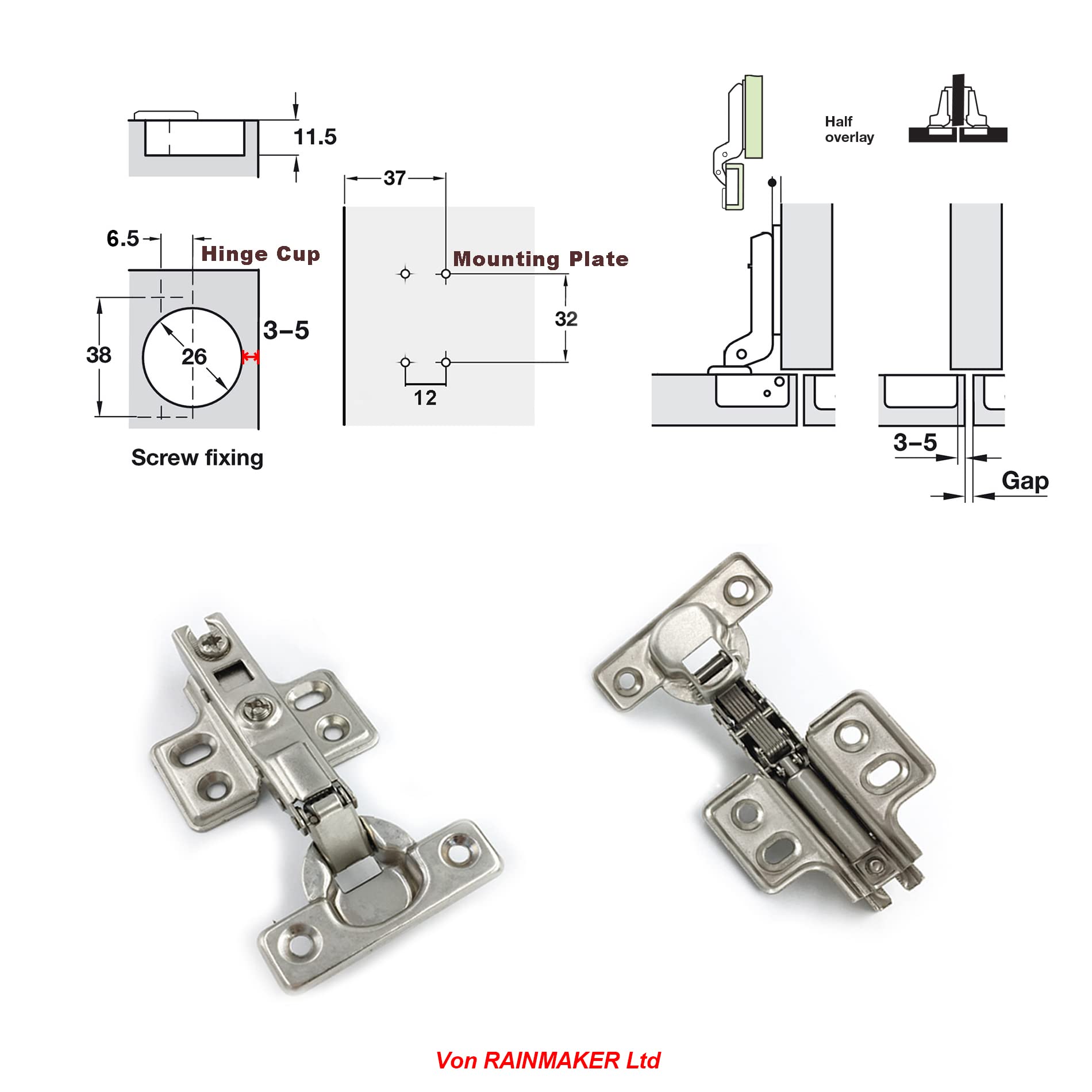 LOOTICH 90 Degree Half Overlay 26 mm Soft Close Hinge with Hydraulic Damper for Kitchen Cabinet Cupboard Wardrobe Light Door Automatic Hinges with Cushioning Pack of 4 with Drilling Template - Image 2