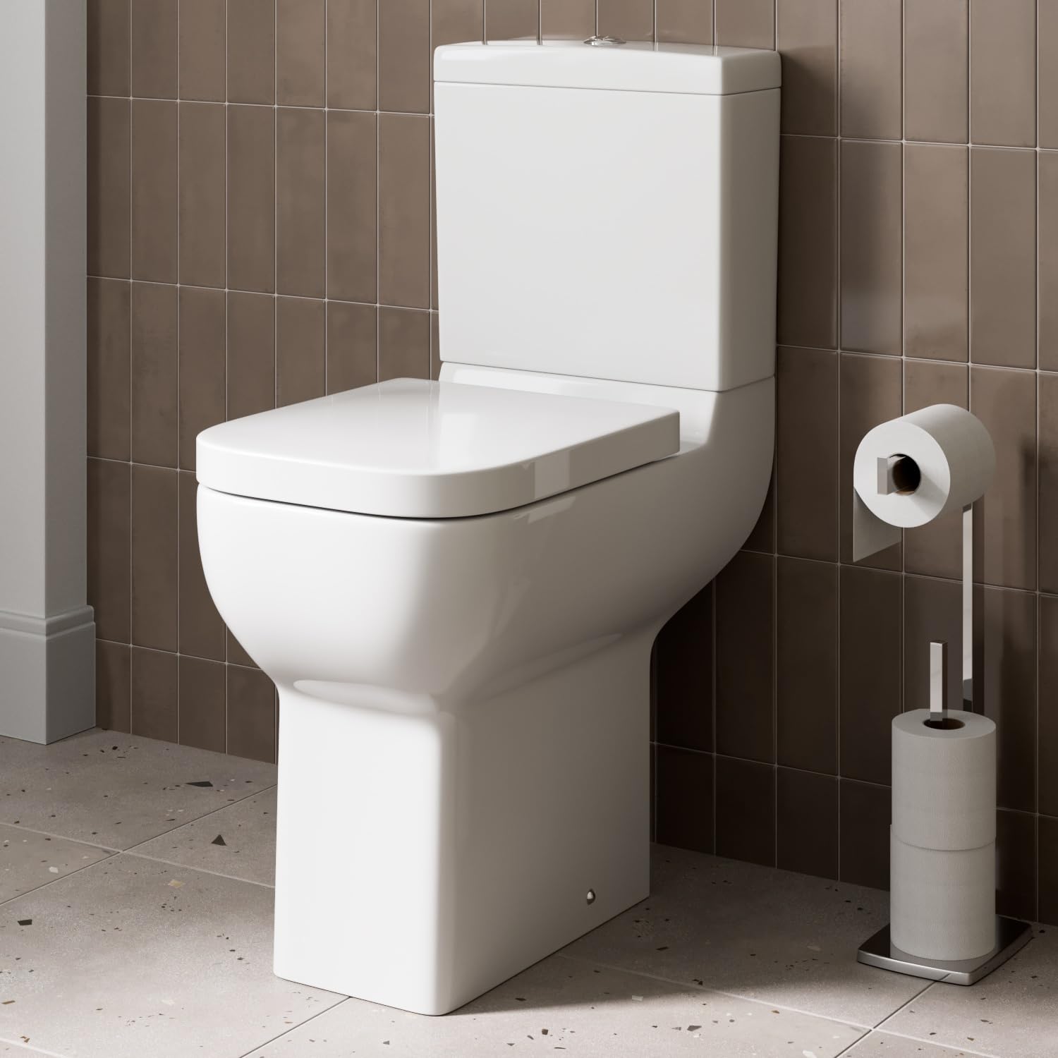 Affine Amelie Raised Comfort Height Rimless Close Coupled Toilet Dual Flush Cistern Bathroom WC Modern White Soft Close Seat Space Saving Fixings Included