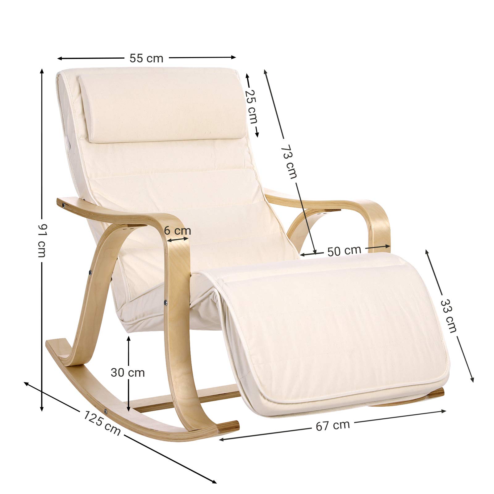 SONGMICS LYY41M Sedia Legno di Betulla, Poltrona a Dondolo con Poggiapiedi Regolabile a 5 Altezze, Fodera in Cotone, Portata 150 kg, Beige, 67 x 125 x 91 cm