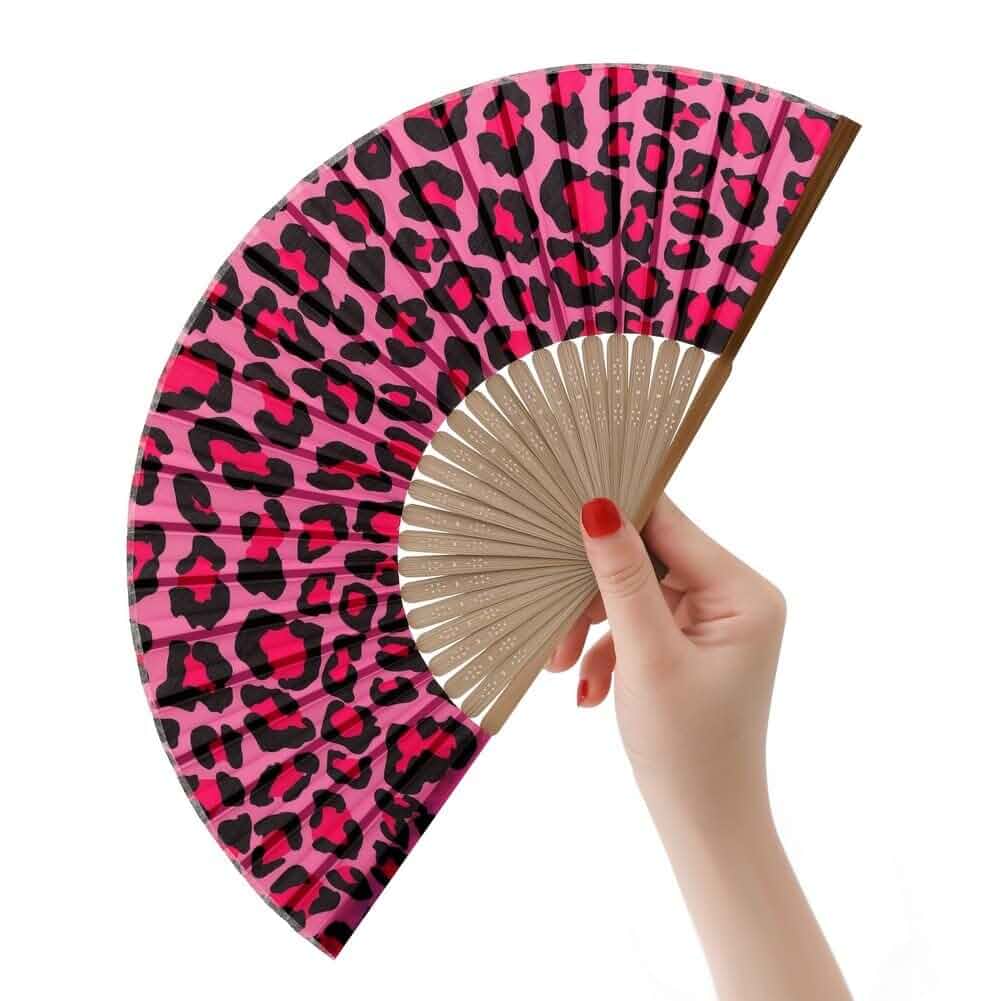 HeyToo Women Held Hand Folding Fan - Bamboo Printed Pattern Foldable Fan - Ideal for Decoration, Wedding, Themed Anniversary Party, Church, EDM, Festivals, Dancing and Gifts (Pink Leopard)