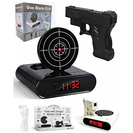 Gun and Target Alarm Clock, Interactive Laser Shooting Wake Up Clocks for Heavy Sleepers Modern photo Gun and Target Alarm Clock, Interactive Laser Shooting Wake Up Clocks for Heavy Sleepers Modern
