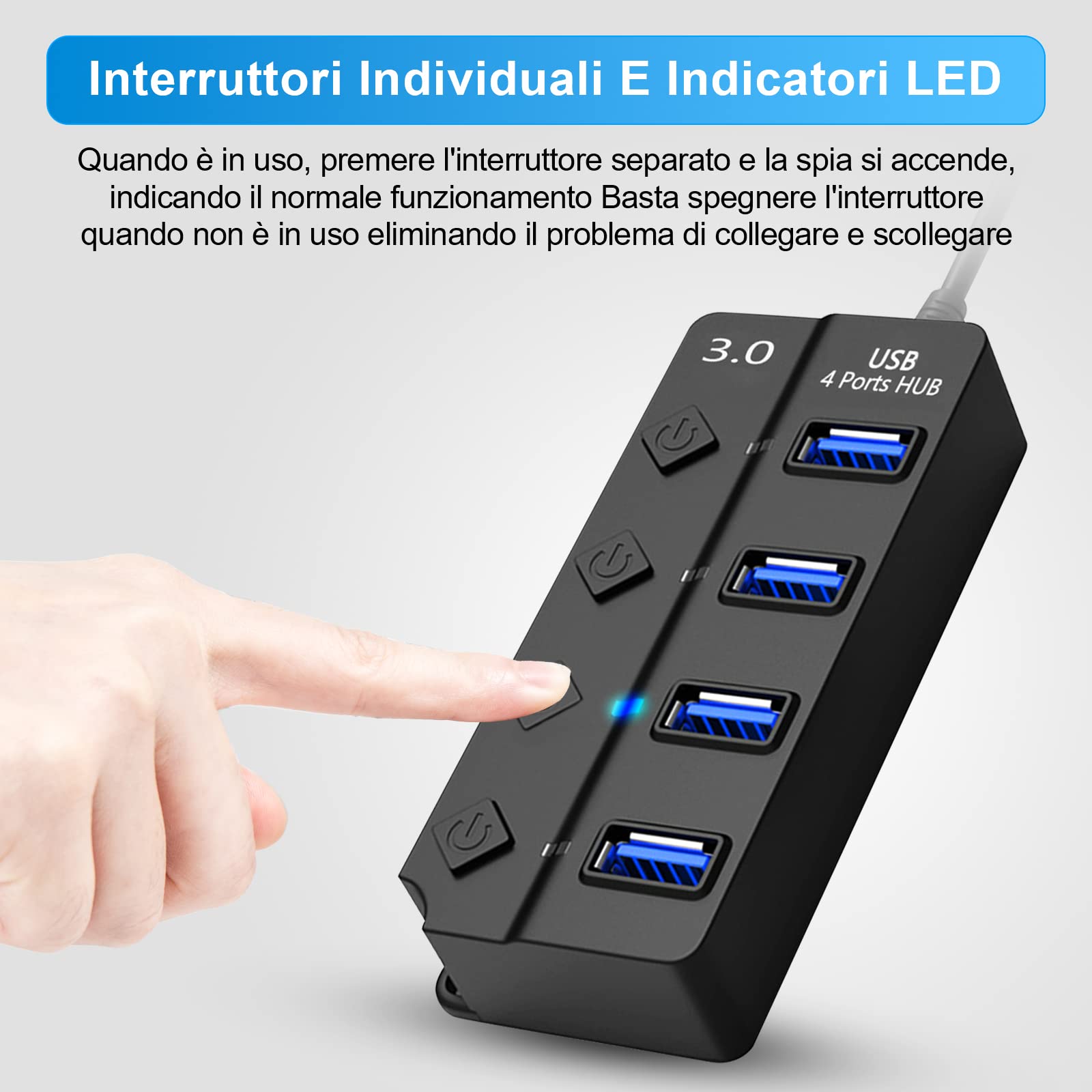 HORJOR Hub USB Sdoppiatore Multi Porta Con Interruttore Separato e Spie LED, 4 Porte USB, Alimentato Con 1 Porte USB 3.0 & 3 Porta USB 2.0, per Veloce Trasferimento Dei Dati & Ricarica