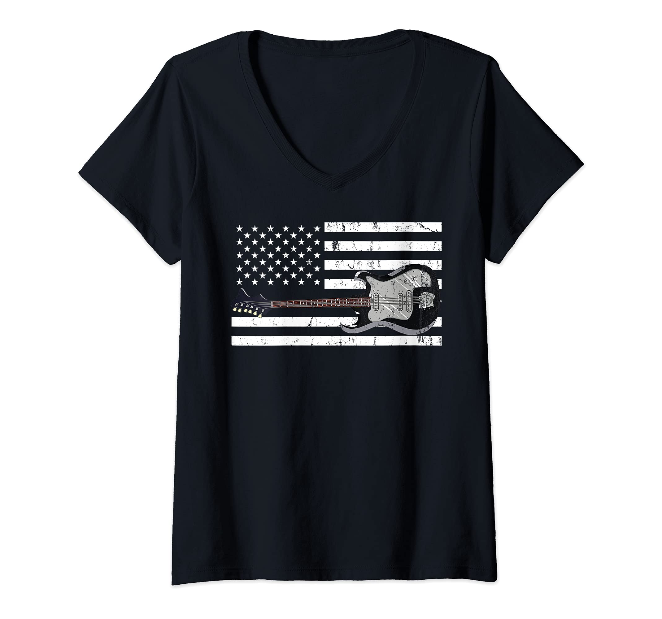 Womens Patriotic Guitarist USA Flag Guitar Player Musician Guitar V-Neck T-Shirt, Black
