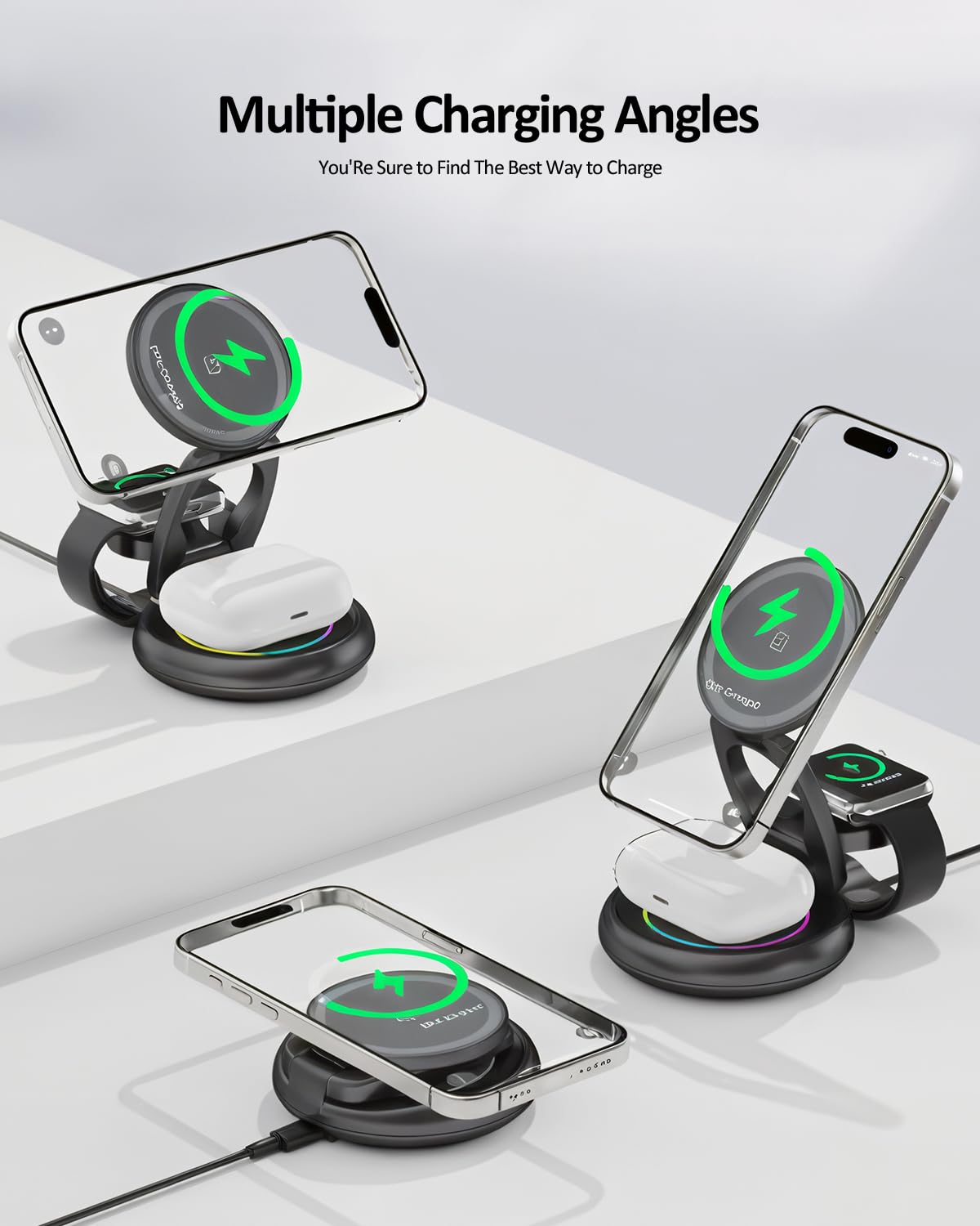 Stacja ładująca 3 w 1 do urządzeń Apple, indukcyjna stacja ładująca do iPhone 16 15 14 13 12 11 Pro Max, do Apple Watch 10/9/Ultra/8/7/6/SE/5/4/3, do AirPods Pro 4 3 2