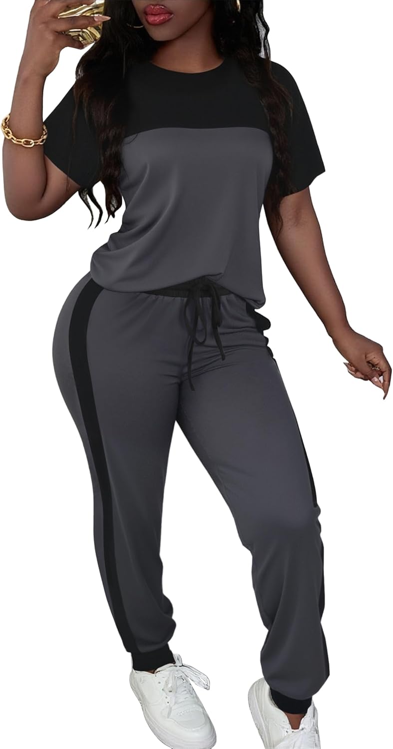 LovelyWholesale Women Jogging Suits 2 Piece Set Short Sleeve Color Block Tops and Jogger Pants