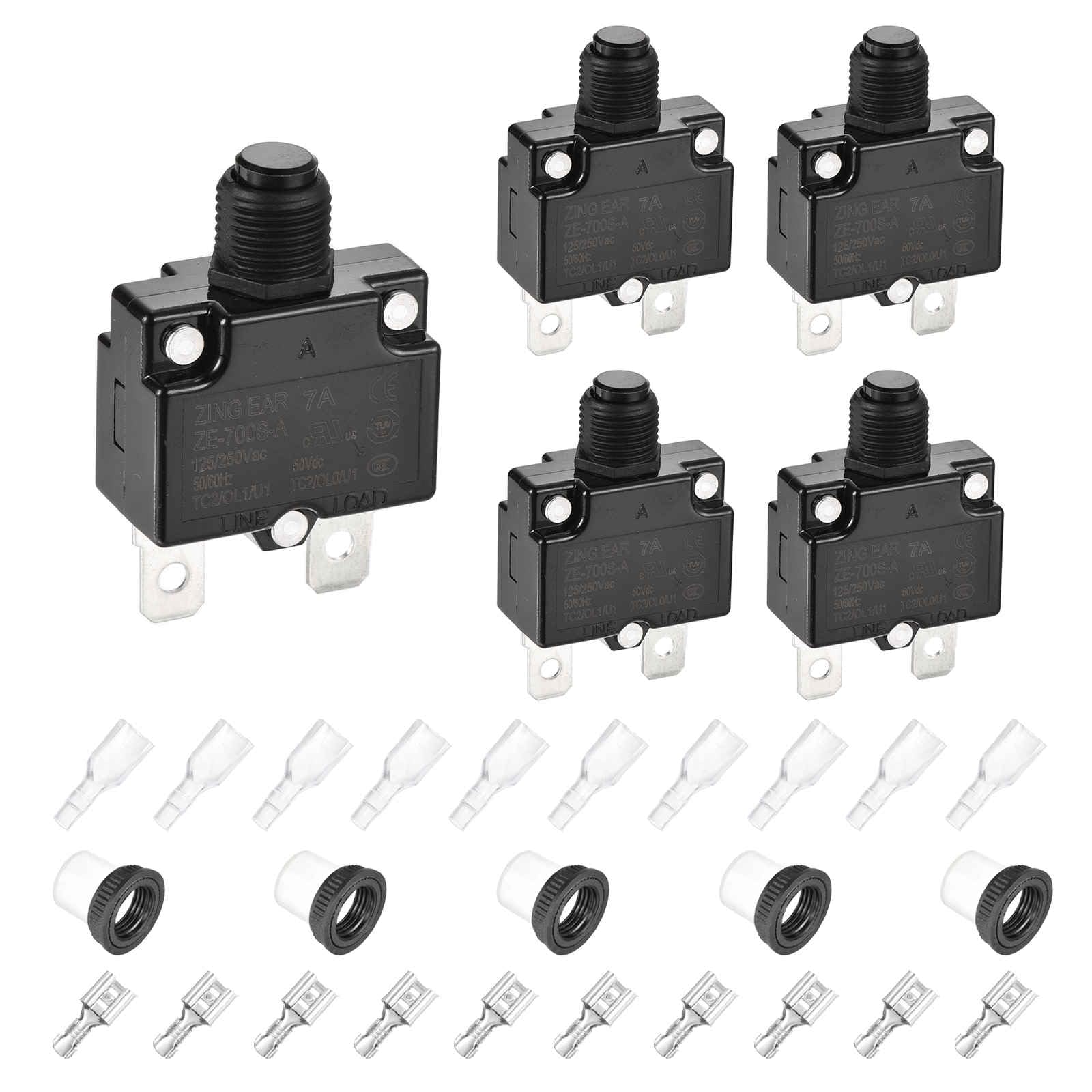 DMiotech 7A Thermal Circuit Breaker 125/250V AC 50V DC 1.8x1.1x0.6" Manual Reset Overload Protector with Quick Connect Terminal and Waterproof Cap for Overload Protection,5Pcs