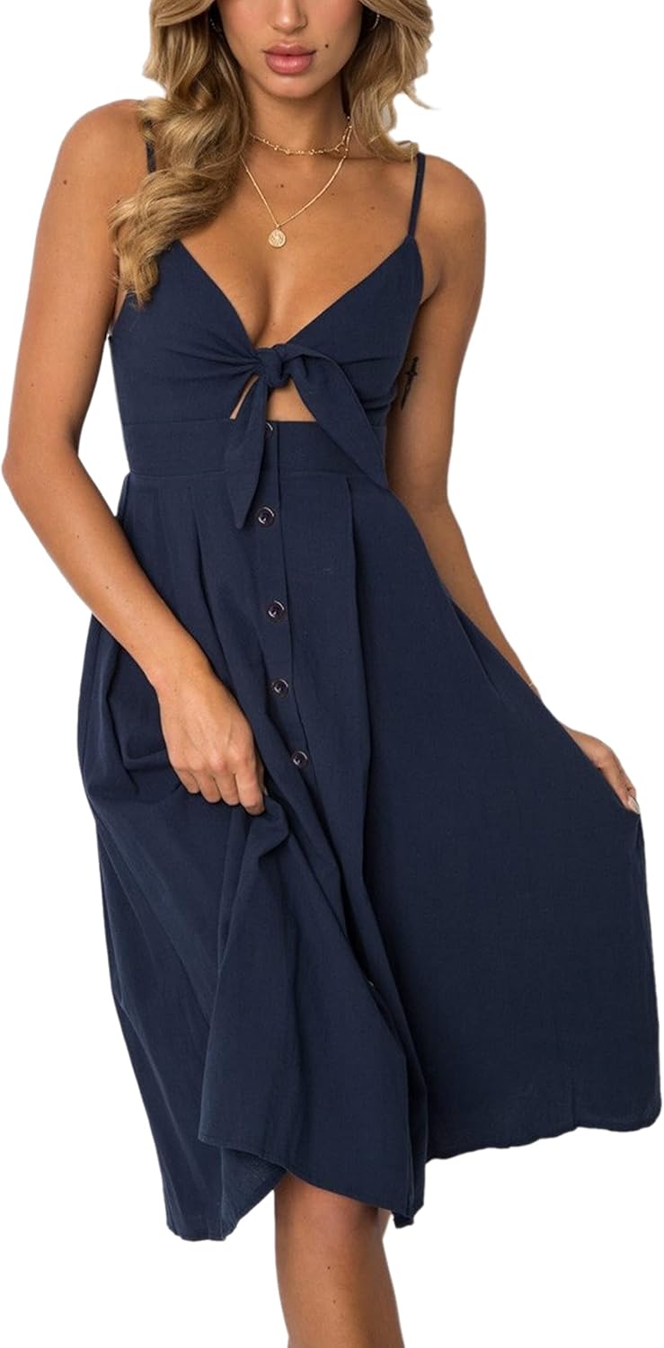 ECOWISH Women 2026 Summer Dresses Tie Front V-Neck Spaghetti Strap Button Down A-Line Backless Swing Midi Dress - Image 7