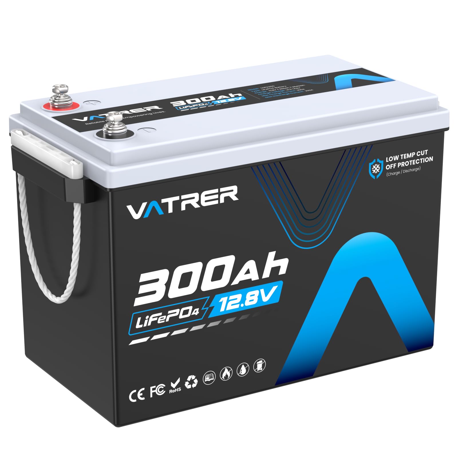 12V 300AH Low Temp Cutoff LiFePO4 Battery, Built in 200A BMS, Max 2560W Power Output, 5000+ Cycles Rechargeable Lithium Deep Cycle Battery, Perfect for RV/Camper, Backup Power, Solar and Off Grid