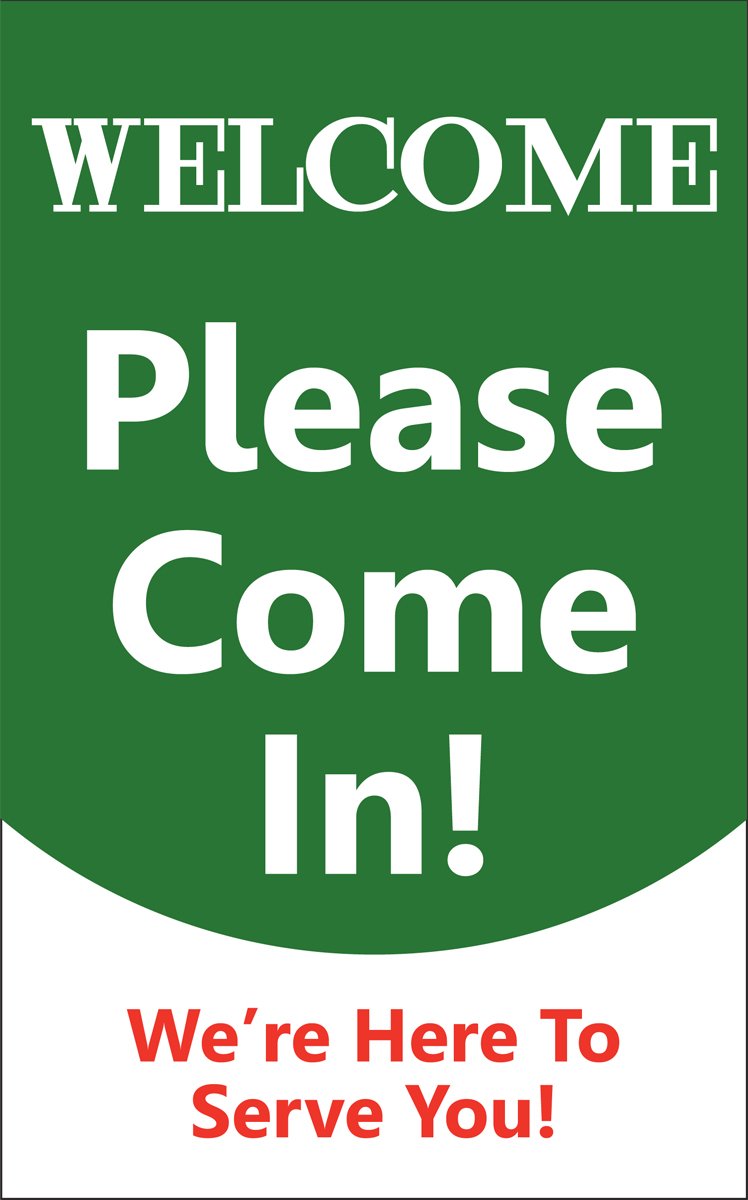 Accuform MPCM507 Dura-Plastic Double-Sided "Be Back" Clock Sign, Legend "SORRY WE MISSED YOU - WE WILL BE BACK AT... (CLOCK GRAPHIC) / WELCOME PLEASE COME IN! WE'RE HERE TO SERVE YOU!", 8" Length x 5" Width x 0.062" Thickness, Green/White/Red