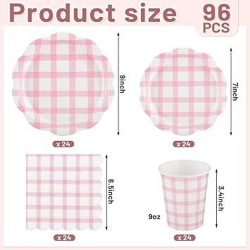 96 Pcs Pink Gingham Paper Plates and Napkins Party Supplies Serve 24