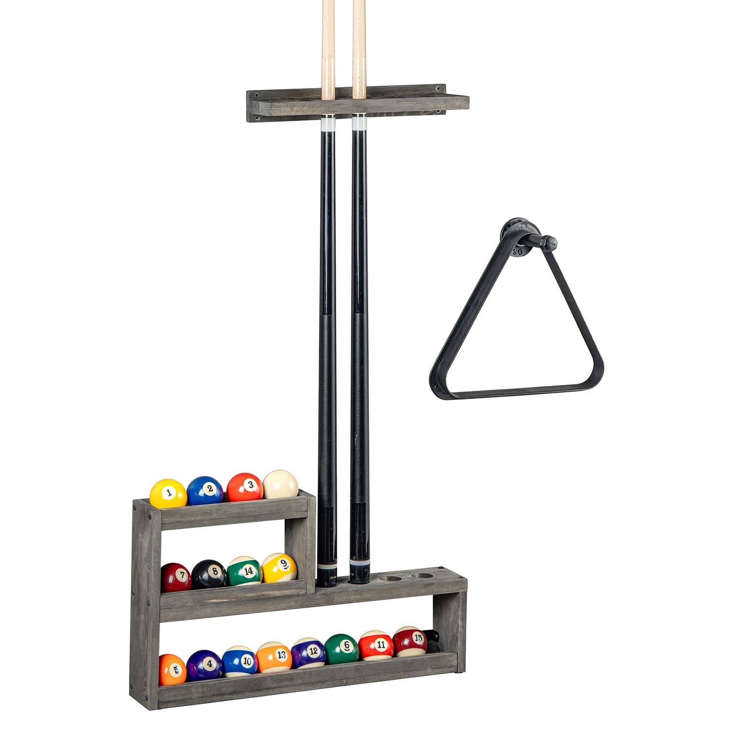 MyGift Vintage Weathered Gray Solid Wood Pool Cue Holder and Ball Storage with Pipe Hanging Hook for Triangle Rack, Wall Mounted Billiards Organizer Set