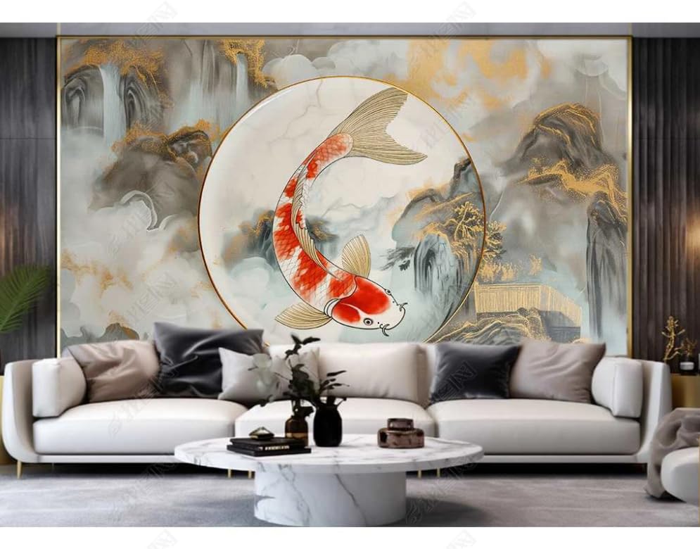 Papier peint panoramique paysage style chinois Koi 150x105 cm