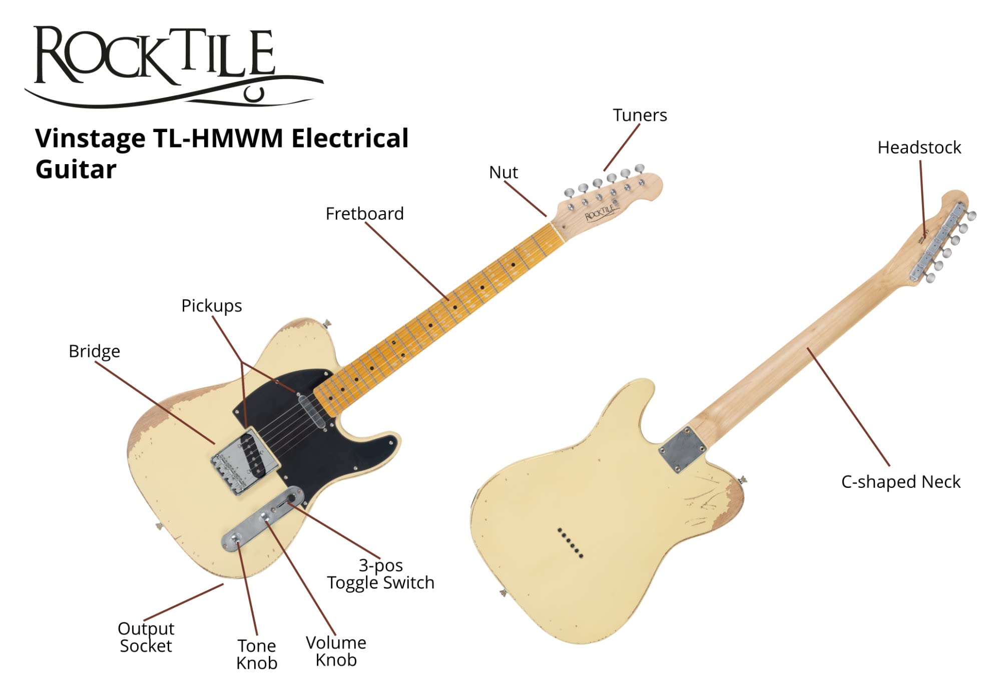 Rocktile Vinstage TL-HMWM gitara elektryczna – gitara relikowa w stylu wiekowym – korpus: mahoń – gryf/szyja: klon – 2 x Single Coil Pickup – sprzęt vintage – biały vintage