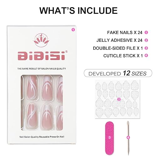 Miniatura 6 de Uñas postizas a presión con punta francesa de ataúd medianas, uñas postizas con purpurina, reutilizables, de ajuste natural, pegamento de manicura