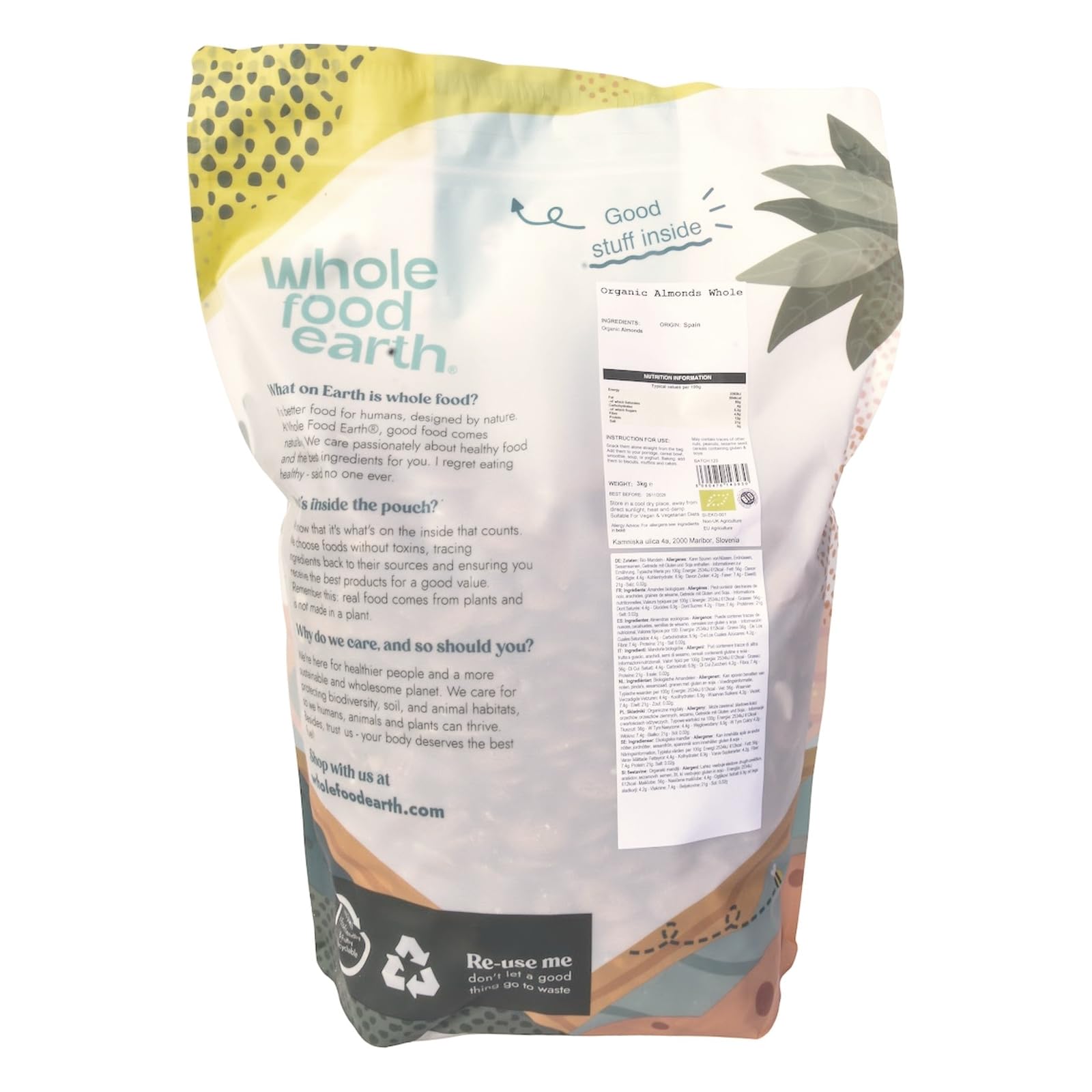 Wholefood Earth Bio Mandeln Roh 3kg – GMO-Frei, Proteinquelle & Ballaststoff-Reich