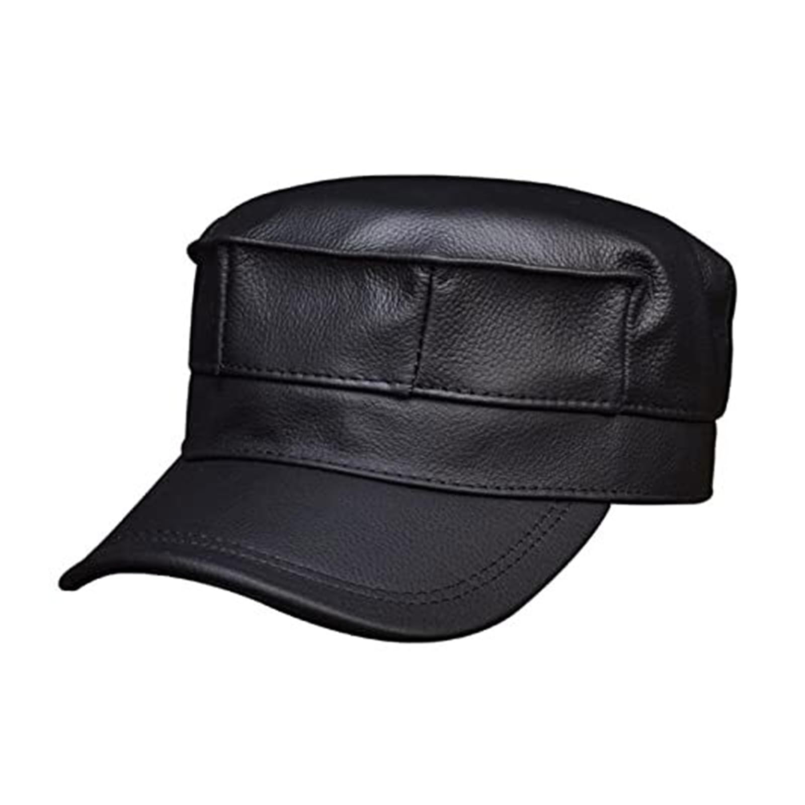 Men's Genuine Leather Baseball Cap Hat - Real Cowhide Flat (Black, XL)(Large; Black)