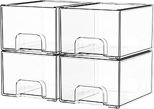 Yieach 4 Pack Clear Stackable Storage Drawers,4.4'' Tall Acrylic Drawer Containers for Organizing,Bathroom Organizers and Storage Bin Box,Plastic Makeup,Medicine Organizer Bins for Cabinet,Undersink