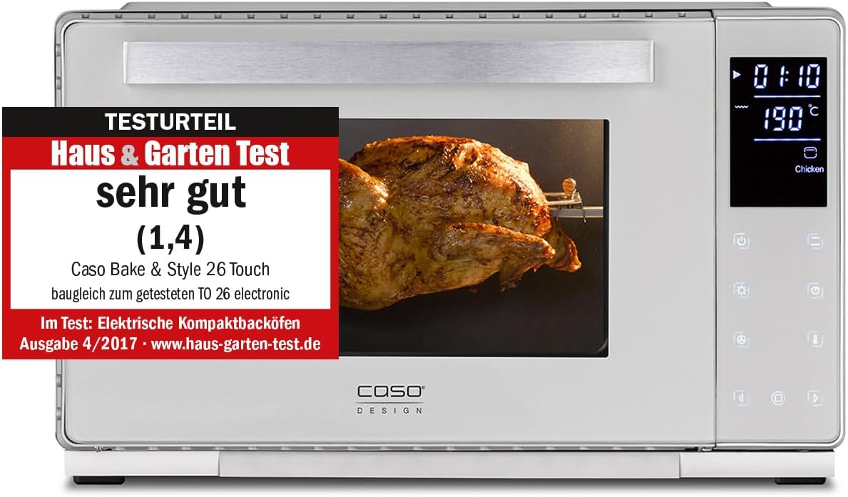 CASO Bake & Style 26 Touch – designerski piekarnik, idealny do pieczenia, pieczenia, grillowania, 9 automatycznych programów, zakres temperatury 30-230 °C, timer, w zestawie rożen i kamień do pizzy