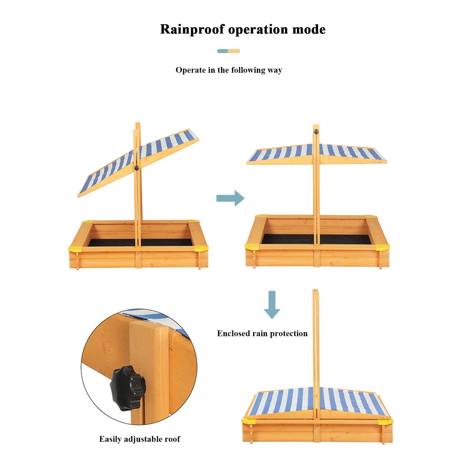 Arenero de Madera con Tapa, Techo Ajustable En Altura, Revestimiento Protector de Arena, Asientos Plegables para Niños de 3 A 8 Años, Arenero de Exterior para Jardín