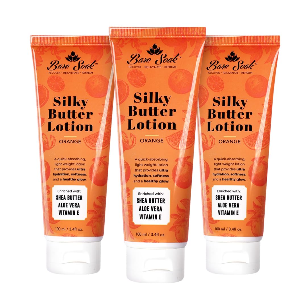 Bare Soak Silky Butter Lotion for Hands and Feet - Enriched with Shea Butter, Aloe, and Vitamin E - Moisturizing, Hydrating, Skin Care, Dry Skin Relief. (Orange) 3 pack