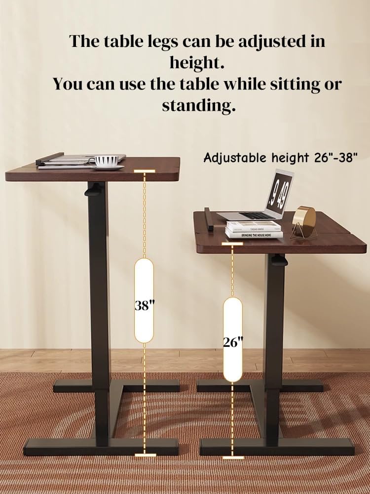Overbed Table with Wheels, Height Adjustable Rolling Laptop Stand with Tilting Desktop, Mobile Bedside Desk for Bed and Sofa, Portable Tray Table for Home Use (Walnut)
