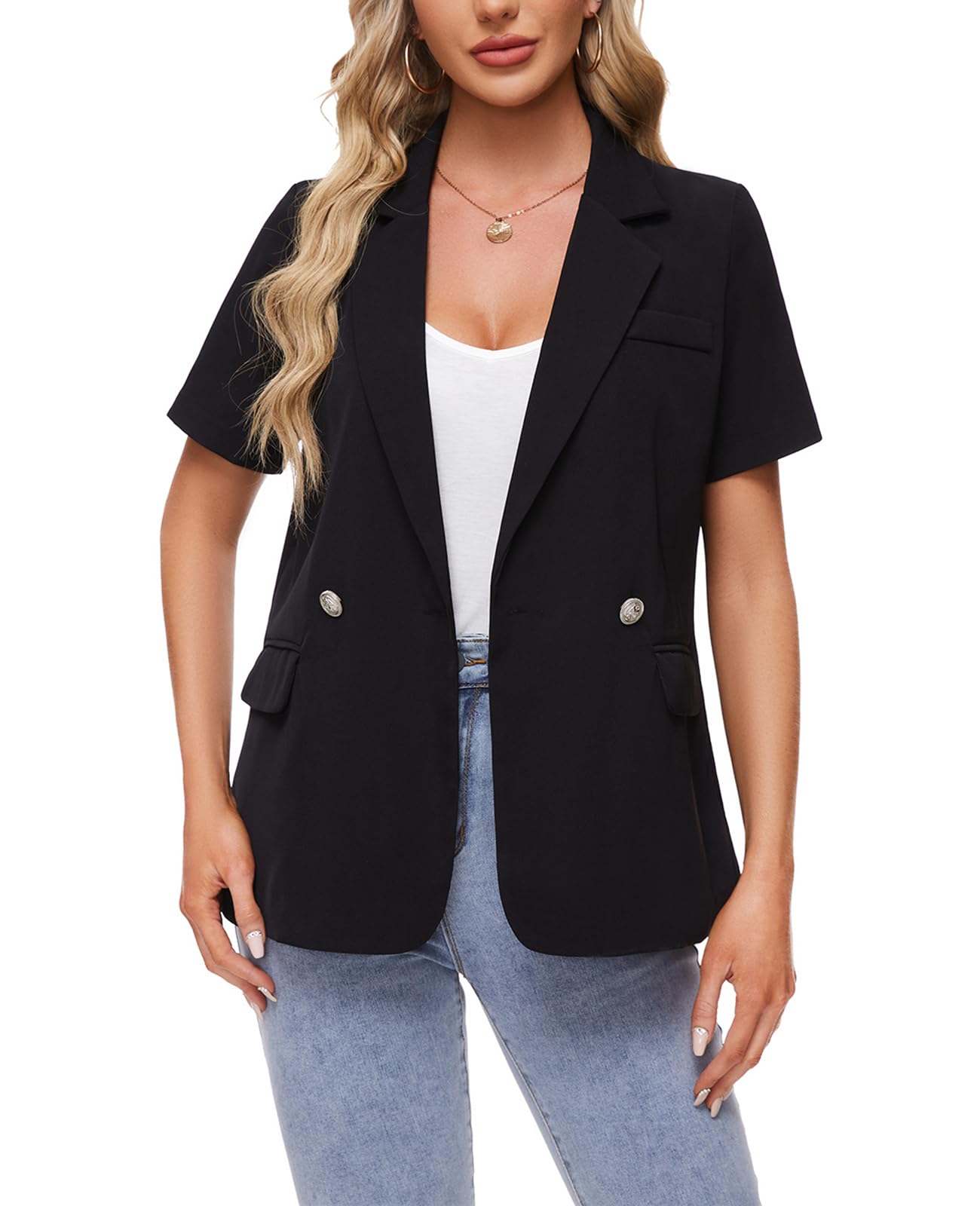 MINTLIMIT Womens Casual Blazer Short Sleeve Lapel Buttons Work Office Blazer Open Front Suit Jackets with Pockets