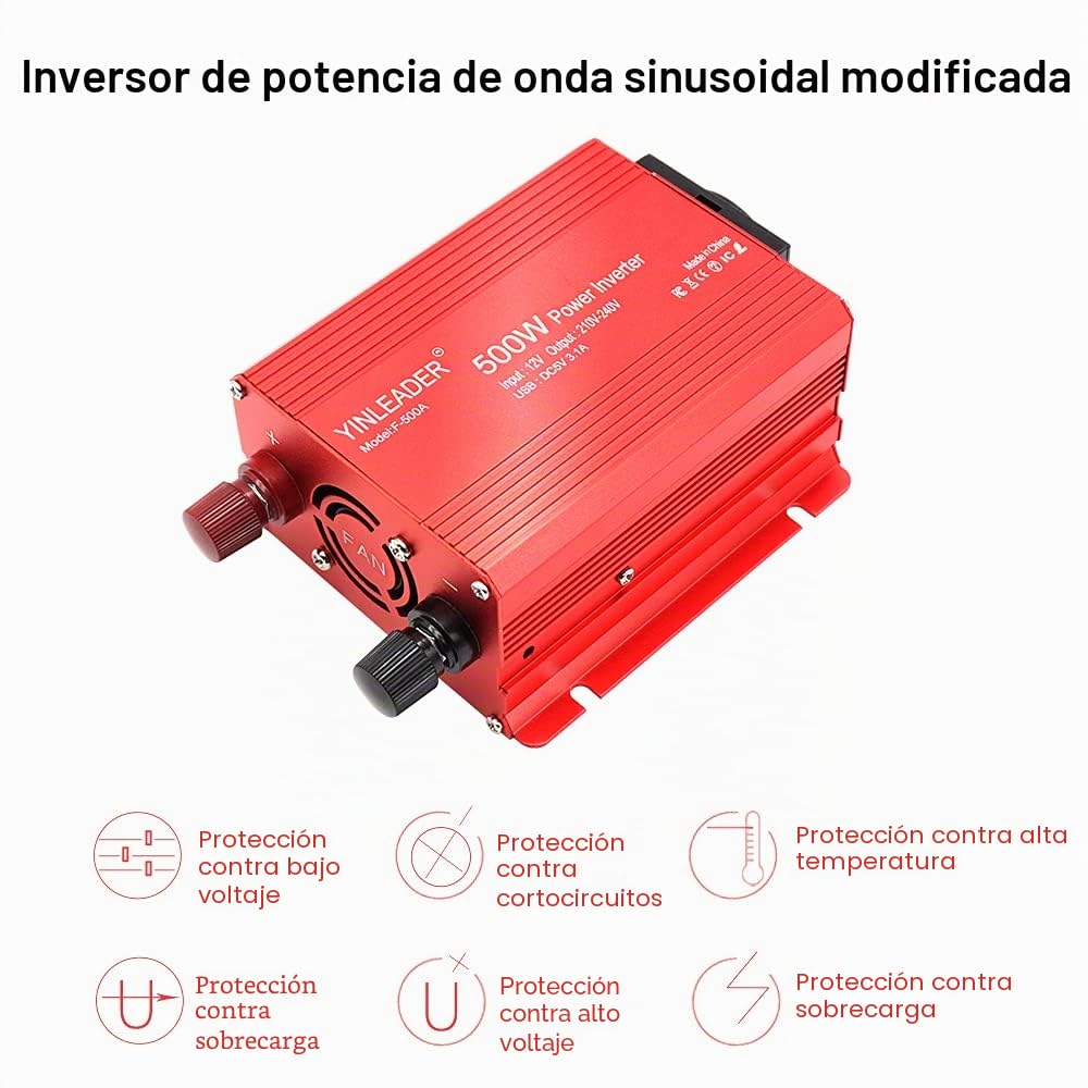 Yinleader 500W Inversor de Corriente, DC 12V y 220V-240V, Conversor de para Coche, convertidor de tensión doble USB Power Inverter CC 12 V AC 230 V, transformador con toma eléctrica