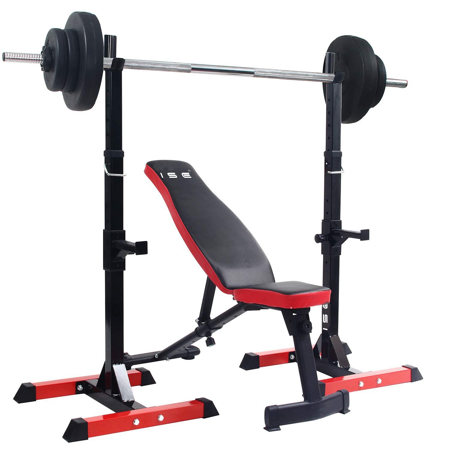 ISE Supporto Bilanciere/Rack da Squat, Rack Bilanciere Regolabile, Rack Squat con Barre di Supporto, Squat Rack Altezza Regolabile 104-175CM, Porta Bilanciere Stabile& Rack Palestra Robusto, Nero
