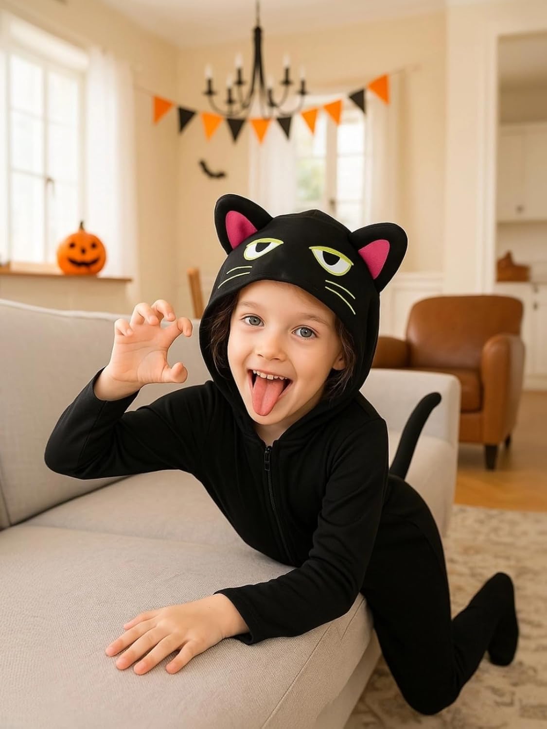 ESHOO Black Cat Costume for Kids Halloween Costumes Black Cat Onesie Girls Boys Unisex Dress Up Animal Jumpsuit 3-12Y - Image 3